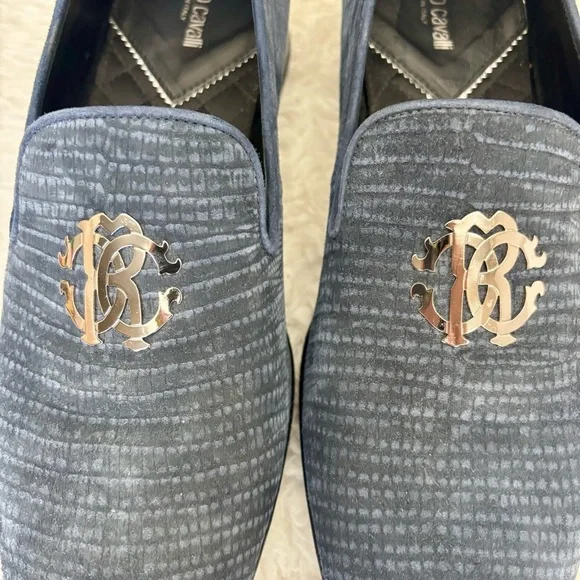 Roberto Cavalli Textured Navy Silver Logo Slip On Men’sshoes size 41 US 8